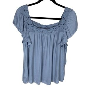 *2/$30* Joie Blue Flutter Cap Sleeve Square Neck Satin Eyelet Lace Trim Top L